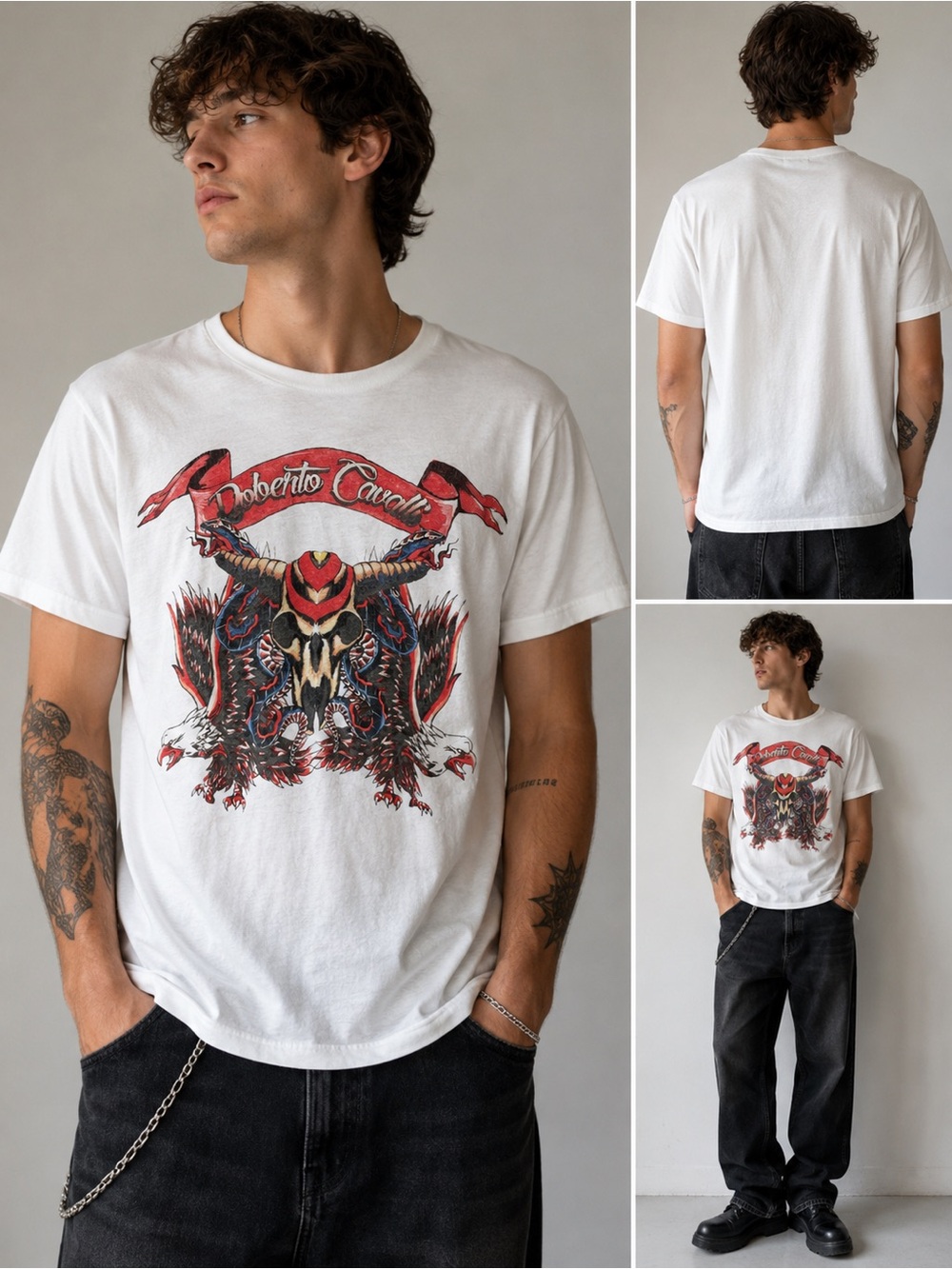 Roberto Cavalli Graphic Skull Eagle Snake T-Shirt White XL Designer Tee